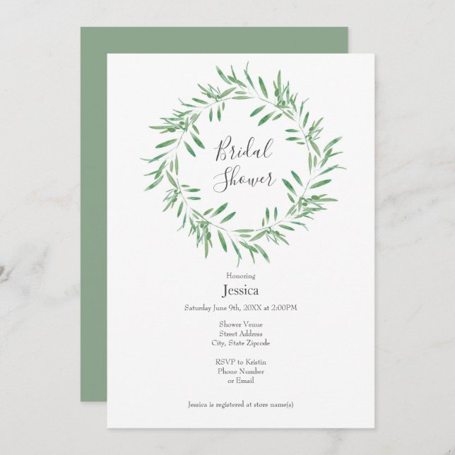 Invitation Watercolor Green Olive Wreath (Devant / Derrière)