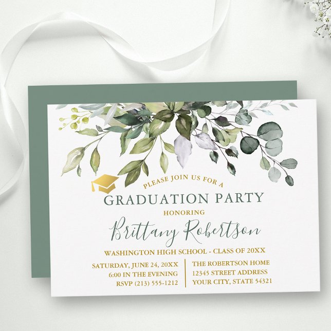 Invitation Watercolor Green Sage Green Graduation Party (Customize to change text size, color, style or to change color of back of card.)