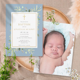 Invitation Watercolor Greenery Dusty Blue Boy Baptism Photo