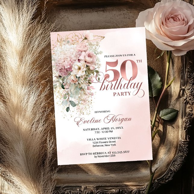 Invitation Watercolor Greenery Rose Gold 50th Birthday Invite (Watercolor Greenery Rose Gold 50th Birthday Invite for Women

)