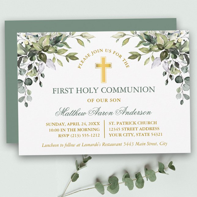 Invitation Watercolor Greenery Sage Green Gold Communion (Customize to change text color, text style or color of back of card.)