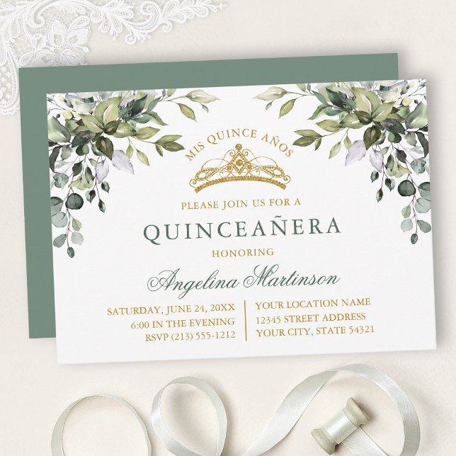Invitation Watercolor Greenery Sage Green Gold Quinceanera (Customize to change text color, text style or color of back of card.)