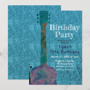Invitation Watercolor Guitar Blue Musical Birthday Party