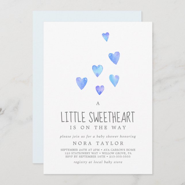 Invitation Watercolor Heart Boy Petit Baby shower amoureux (Devant / Derrière)
