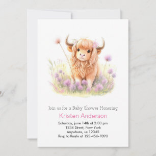 Invitation Watercolor Highland Cow Whimsical Girl Baby shower