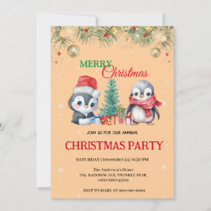 Invitation Watercolor Holiday Penguin Père Noël Christmas Par