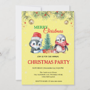 Invitation Watercolor Holiday Penguin Père Noël Christmas Par