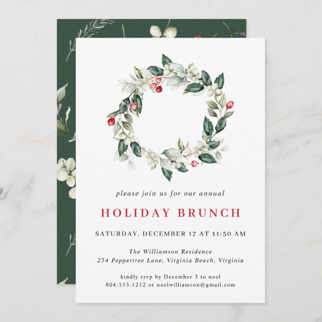 Invitation Watercolor Holiday Wreath Noël Holiday Brunch (Devant / Derrière)
