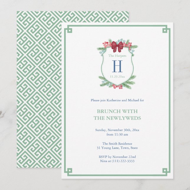 Invitation Watercolor Holidays Crest Newlywes Brunch Party (Devant / Derrière)