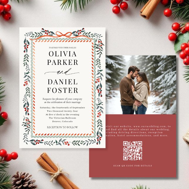 Invitation Watercolor Holly Bow QR Code Photo Winter Wedding (Créateur téléchargé)