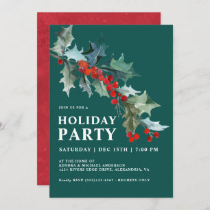 Invitation Watercolor Holly et Berries Turquoise Holiday Part