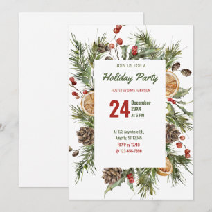Invitation Watercolor Holly et Pine Holiday Party