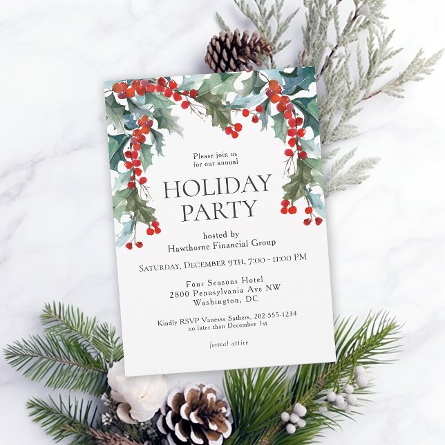 Invitation Watercolor Holly Festive Festive Fête (Available in both printed and instant download digital formats.)