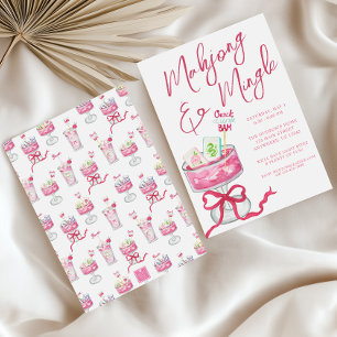 Invitation Watercolor Hot rose Mahjong Cocktails Party
