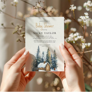 Invitation Watercolor House Pine Tree Neige Baby shower d'hiv