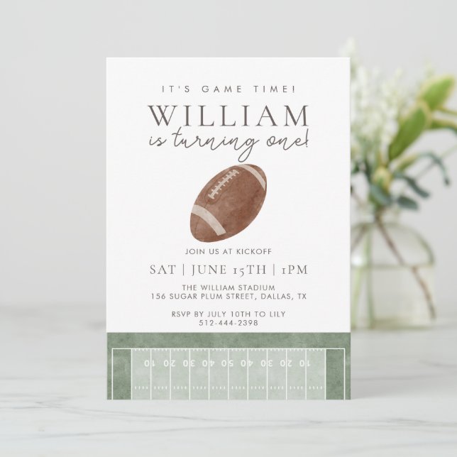 Invitation Watercolor It's game time First Birthday Football (Debout devant)