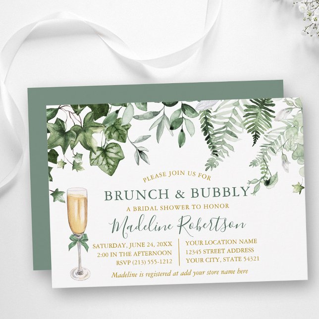 Invitation Watercolor Ivy Ferns Sage Green Gold Bridal Brunch (Customize to change text size, style or color of back of card.)