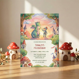 Invitation Watercolor Knight Dragon Fairytale Birthday Party