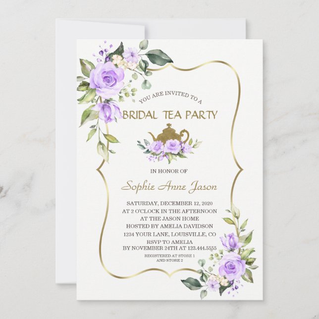 Invitation Watercolor Lavender Flowers Gold Bridal Tea Party (Devant)