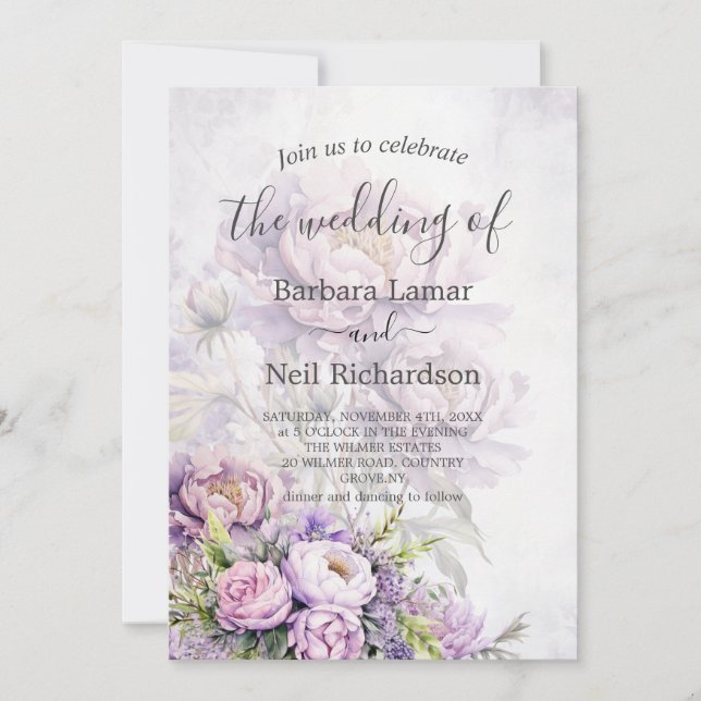 Invitation Watercolor Lavender Peony Photo QR Code Mariage (Devant)