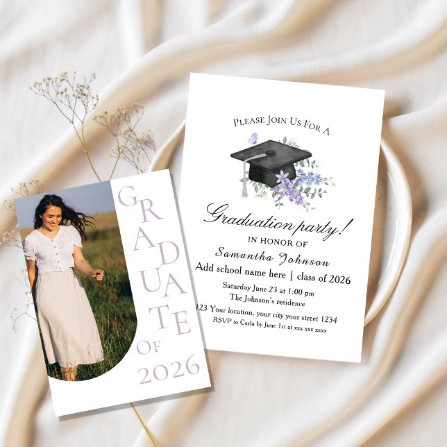 Invitation Watercolor Lavender  Purple Floral Graduation  (Créateur téléchargé)