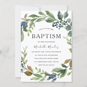 Invitation Watercolor Leaf Wreath Moderne Baptême Christening