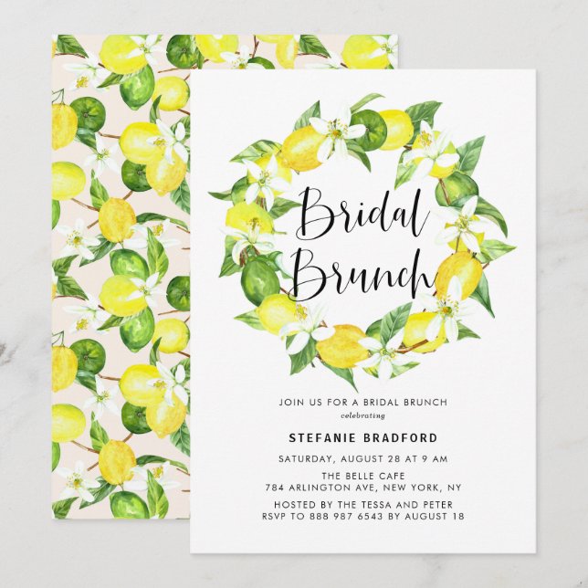 Invitation Watercolor Lemon Blossom Wreath Bridal Brunch (Devant / Derrière)