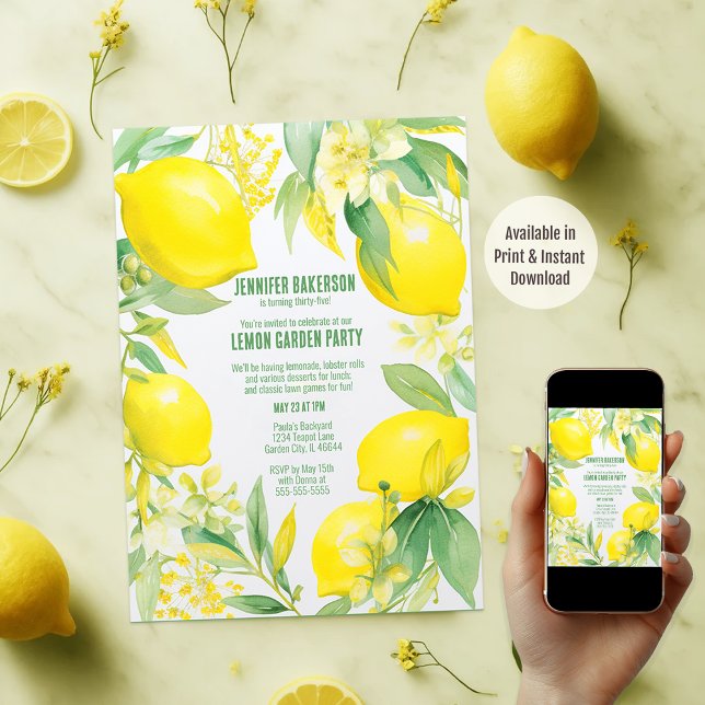 Invitation Watercolor Lemon Garden Fête d'anniversaire (Available in Print and Instant Download)