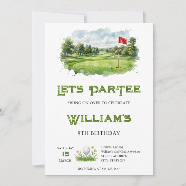 Invitation Watercolor Lets Par-Tee Golf Course Birthday (Devant)