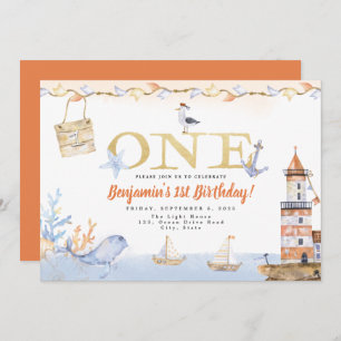 Invitation Watercolor Light House Nautical Boy 1er anniversai