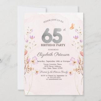 Invitation Watercolor Lilac Wildflowers Purple 65th Birthday
