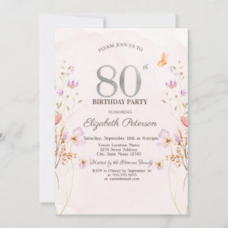Invitation Watercolor Lilac Wildflowers Purple 80th Birthday