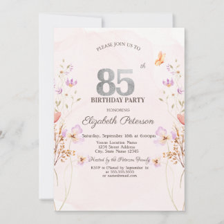 Invitation Watercolor Lilac Wildflowers Purple 85th Birthday