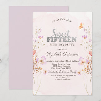 Invitation Watercolor Lilac Wildflowers Purple Sweet 15 