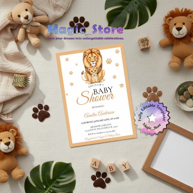 Invitation Watercolor Lion Cub Jungle Safari Gold Paw Prints (Créateur téléchargé)