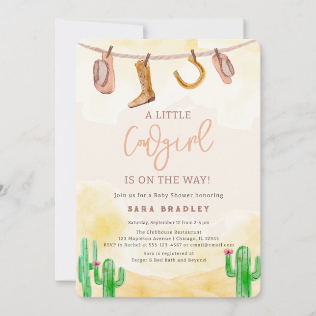 Invitation Watercolor Little Cowgirl Baby shower occidental (Devant)