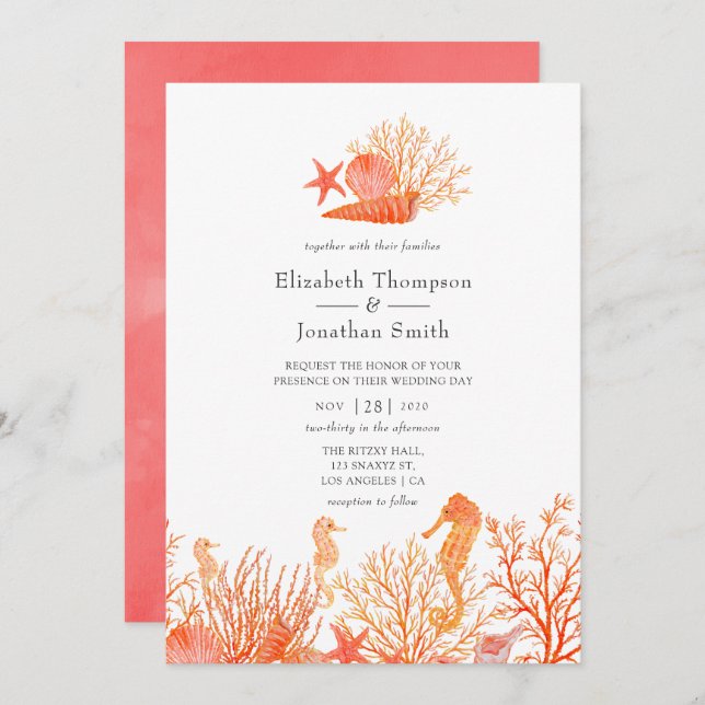 Invitation Watercolor Living Coral Beach Wedding (Devant / Derrière)