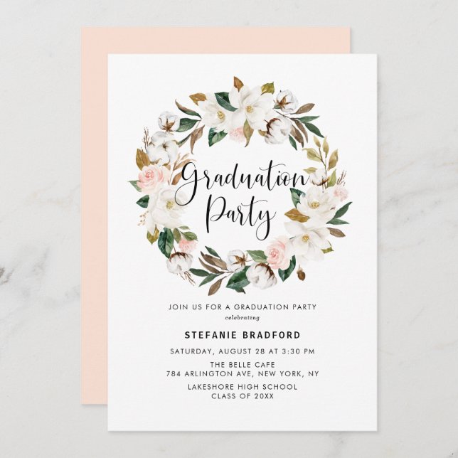 Invitation Watercolor Magnolia Cotton Wreath Graduation Party (Devant / Derrière)