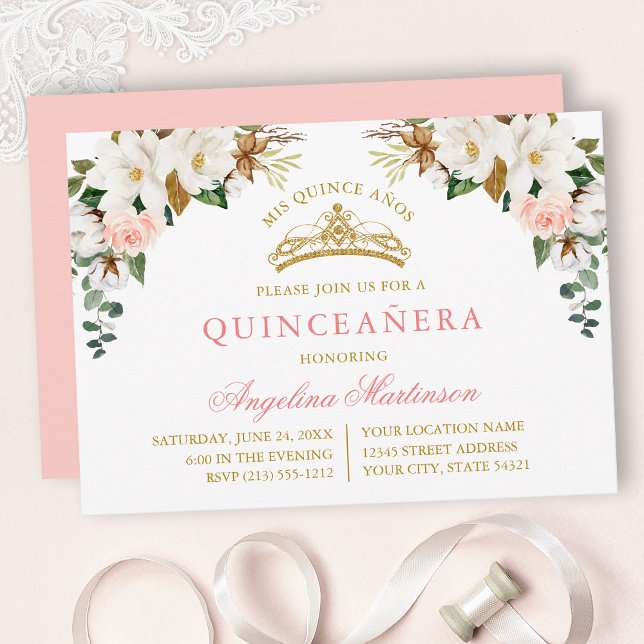 Invitation Watercolor Magnolias Pink Roses Gold Quinceanera (Customize to change text color, text style or color of back of card.)