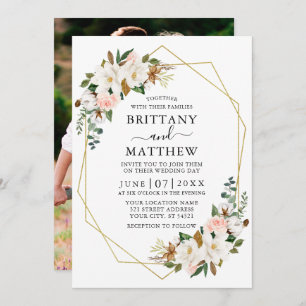 Invitation Watercolor Magnolias Roses Geo Frame Photo Mariage