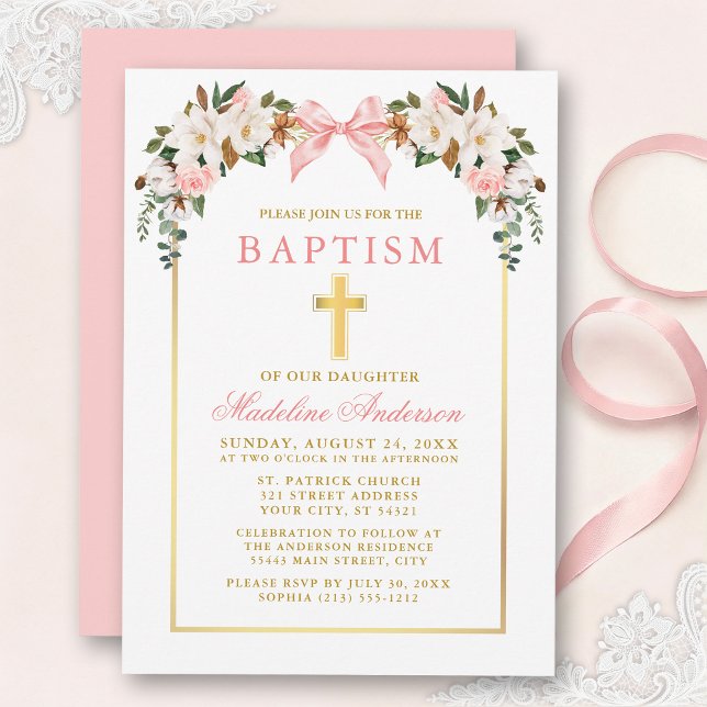 Invitation Watercolor Magnolias Roses Pink Bow Gold Baptism (Customize to change text size, text style or color of back or card.)