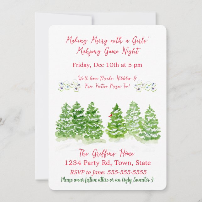 Invitation Watercolor MAHJONG Holiday Winter Trees (Devant)