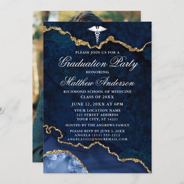 Invitation Watercolor Marble Photo Médicale Graduate Party (Devant / Derrière)