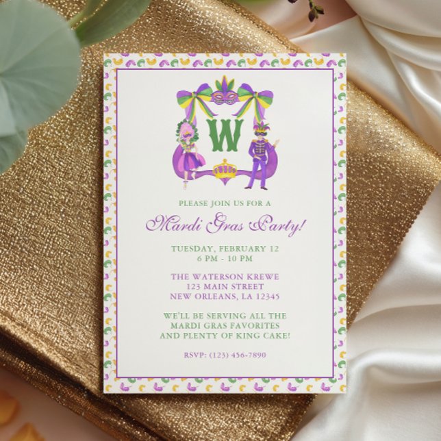 Invitation Watercolor Mardi Gras Monogram Crest Party (Créateur téléchargé)