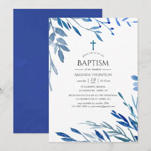 Invitation Watercolor Marine Indigo Feuilles Baptême
