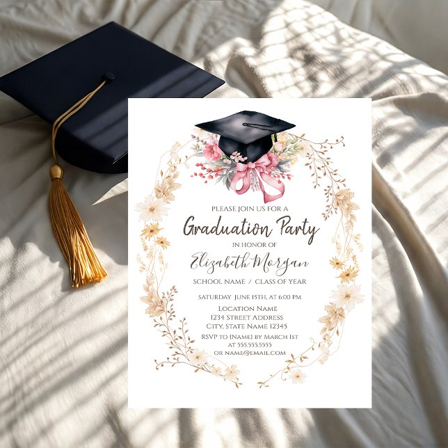 Invitation Watercolor Meadow Flowers Cap Bow Graduation (Créateur téléchargé)