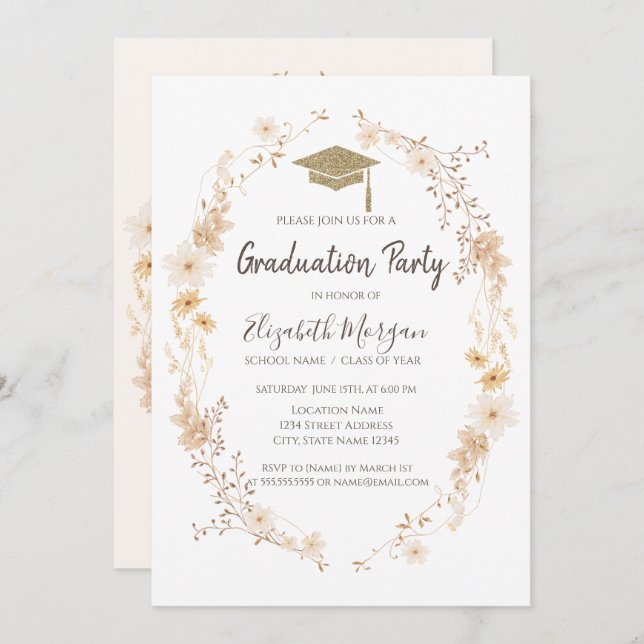 Invitation Watercolor Meadow Flowers Glitter Cap Graduation  (Devant / Derrière)