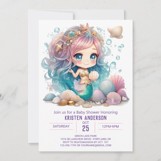 Invitation Watercolor Mermaid se demande Baby shower Invitati (Devant)