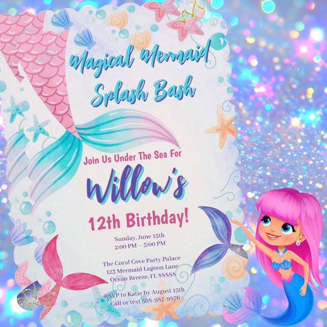 Invitation Watercolor Mermaid Tails Magique fête d'anniversai (Magical Mermaid Birthday Party Invitation)