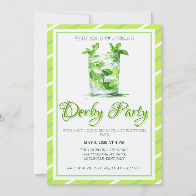 Invitation Watercolor Mint Julep Green Kentucky Derby Invitat (Devant)